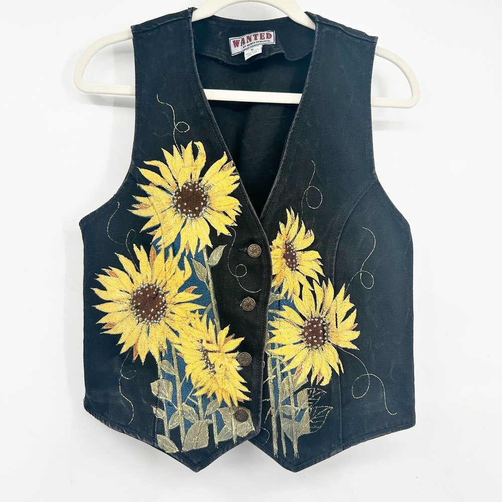 Wanted Womens Sunflower Glitter Hand Painted Vintage 90s Cottagecore Vest Size M